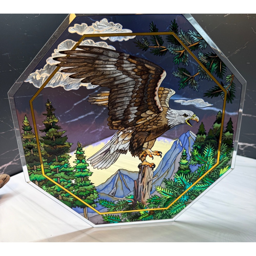 AMIA Hautman Brothers Hand Painted Glass Eagle Suncatcher Octagon 12" Art